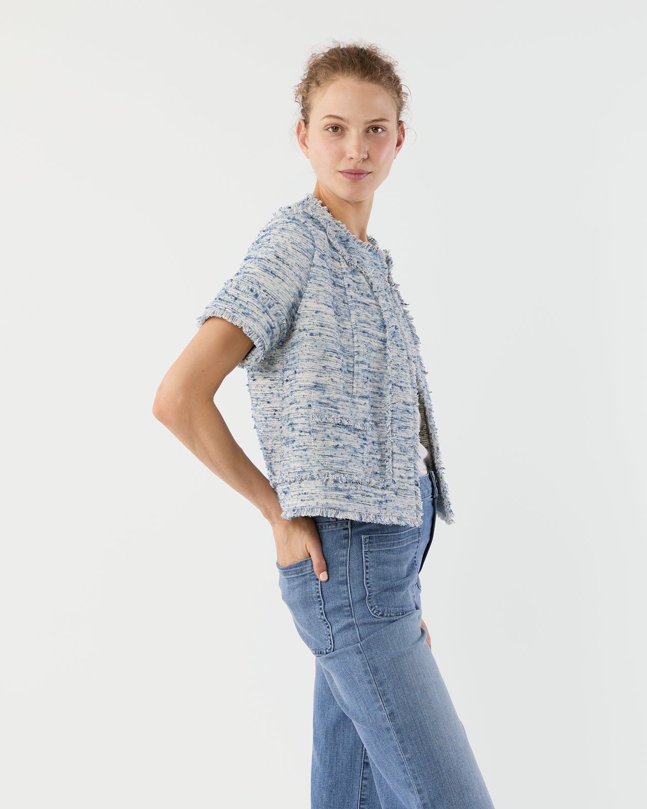 Short-Sleeved Chelsea Jacket in Blue Summer Tweed