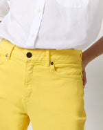 Load image into Gallery viewer, Flare Cropped 5-Pocket Jean in Lemon Zest Stretch Denim
