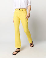 Load image into Gallery viewer, Flare Cropped 5-Pocket Jean in Lemon Zest Stretch Denim
