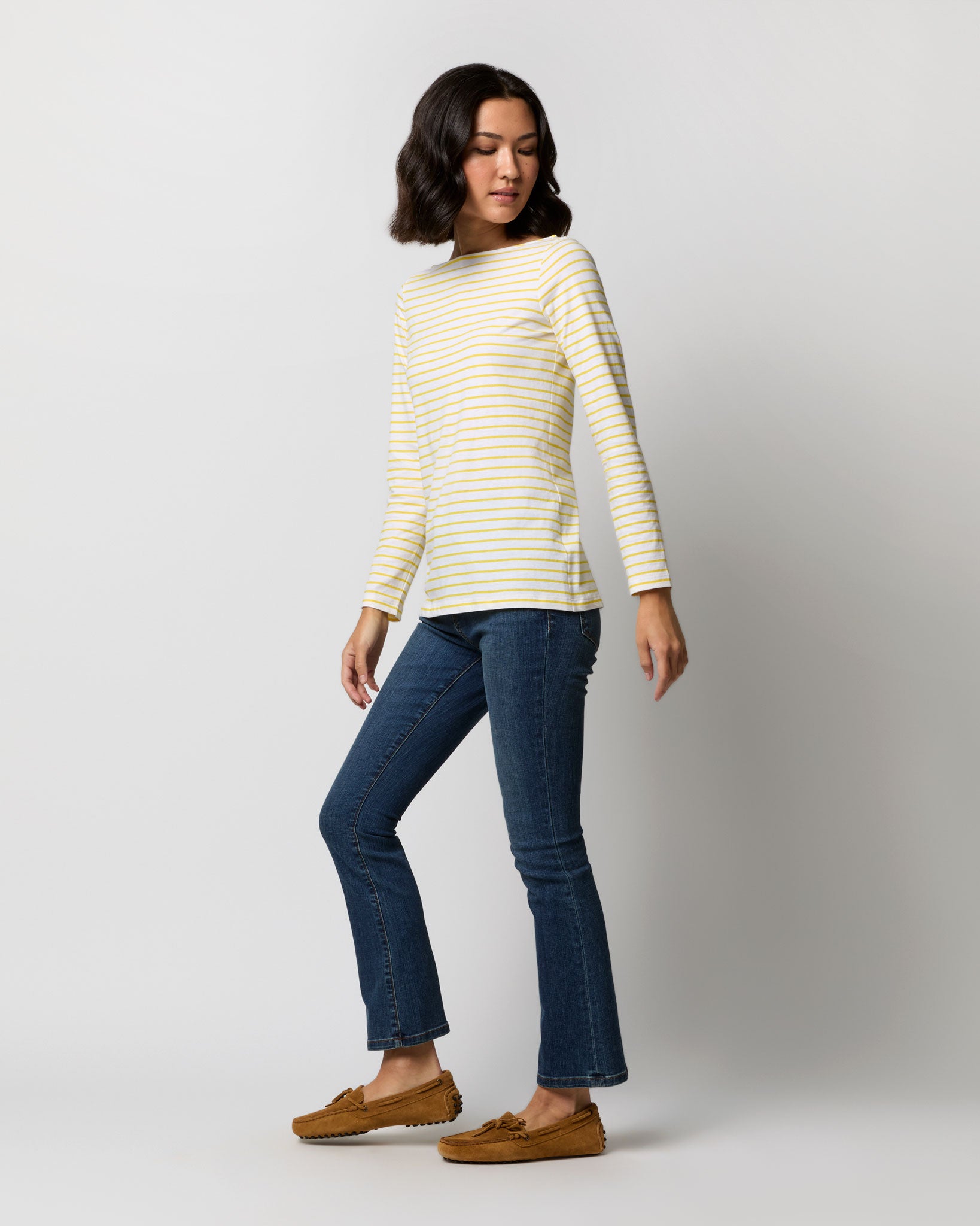 Long-Sleeved Boatneck Tee in White/Bright Yellow Stripe Jersey