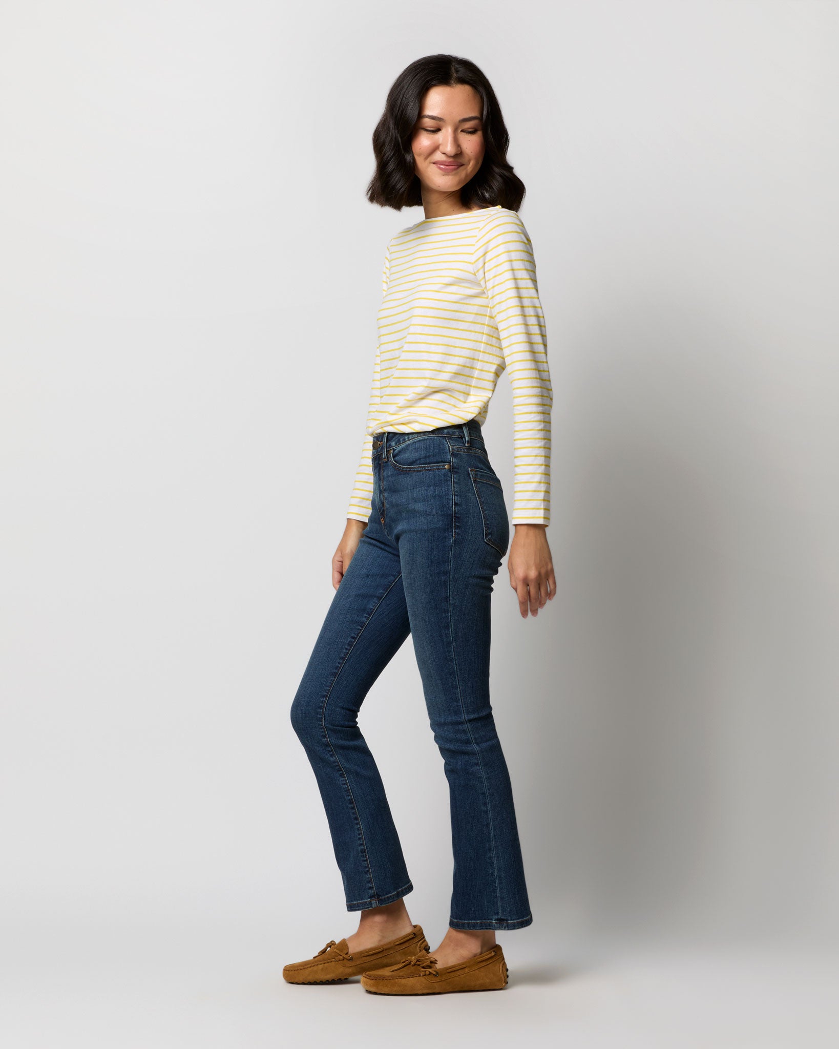 Long-Sleeved Boatneck Tee in White/Bright Yellow Stripe Jersey