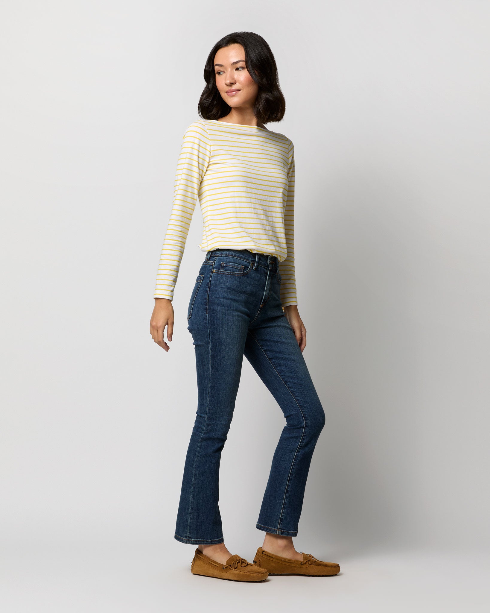 Long-Sleeved Boatneck Tee in White/Bright Yellow Stripe Jersey