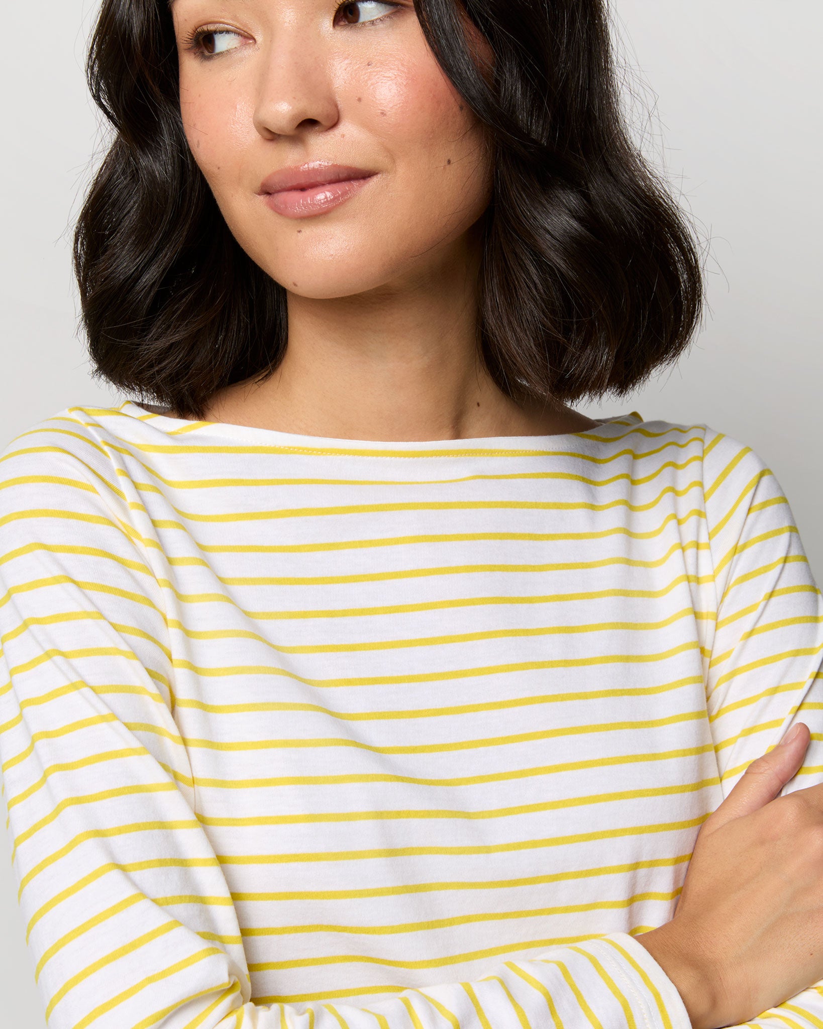 Long-Sleeved Boatneck Tee in White/Bright Yellow Stripe Jersey