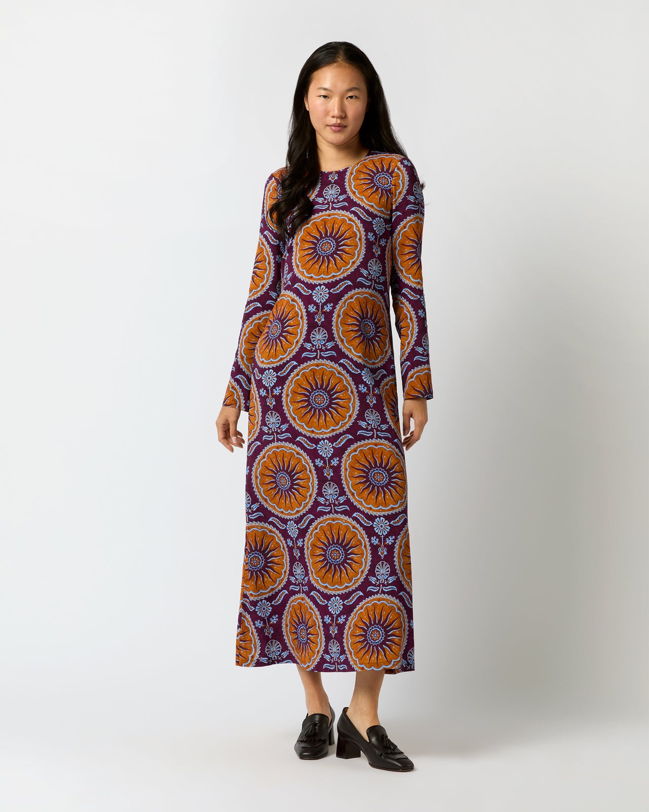 Long Sleeve Swing Dress in Purple Sovereign Stretch Satin | Shop Ann Mashburn Long Sleeve Swing Dress in Purple Sovereign Stretch Satin | Shop Ann Mashburn