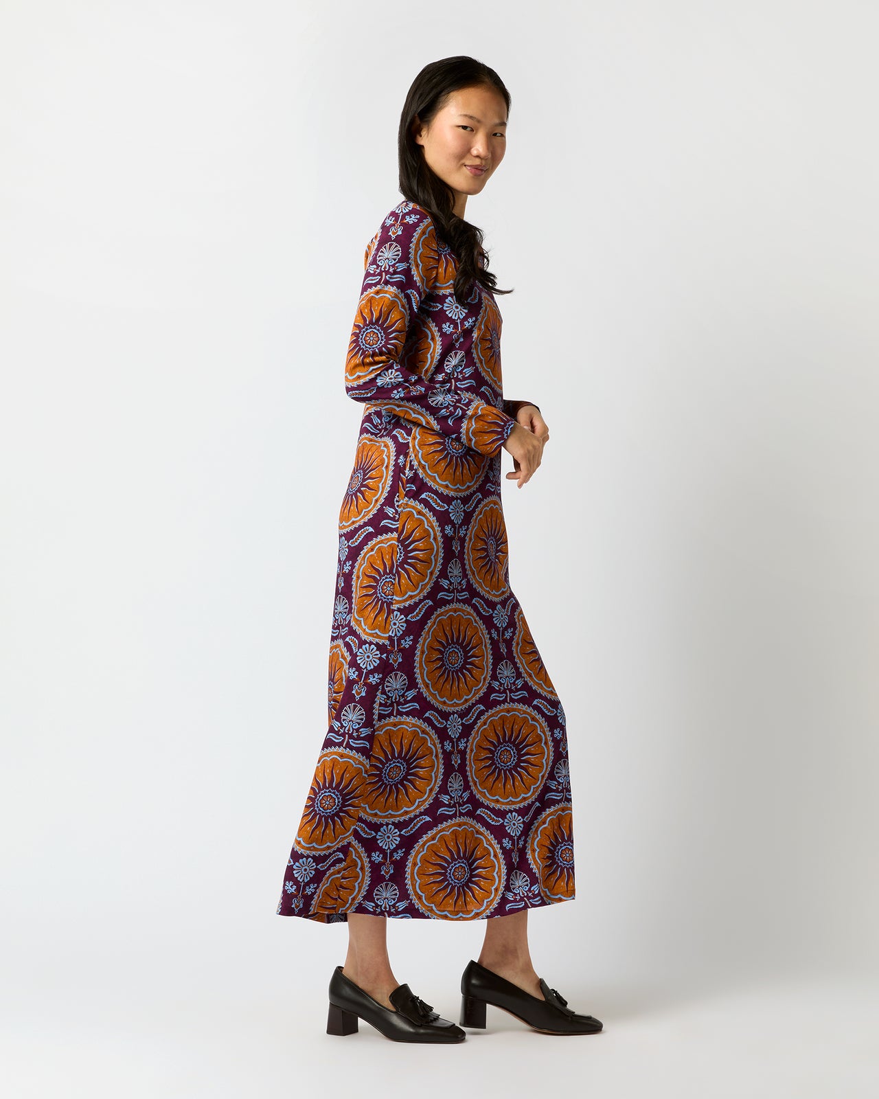 Long Sleeve Swing Dress in Purple Sovereign Stretch Satin | Shop Ann Mashburn Long Sleeve Swing Dress in Purple Sovereign Stretch Satin | Shop Ann Mashburn