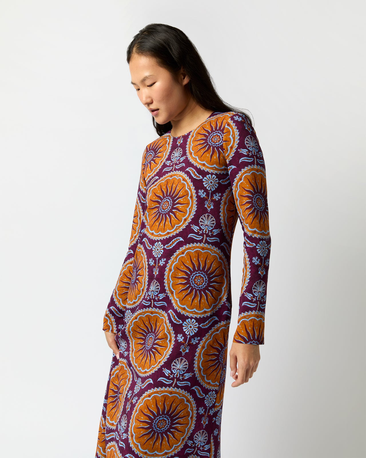 Long Sleeve Swing Dress in Purple Sovereign Stretch Satin | Shop Ann Mashburn Long Sleeve Swing Dress in Purple Sovereign Stretch Satin | Shop Ann Mashburn