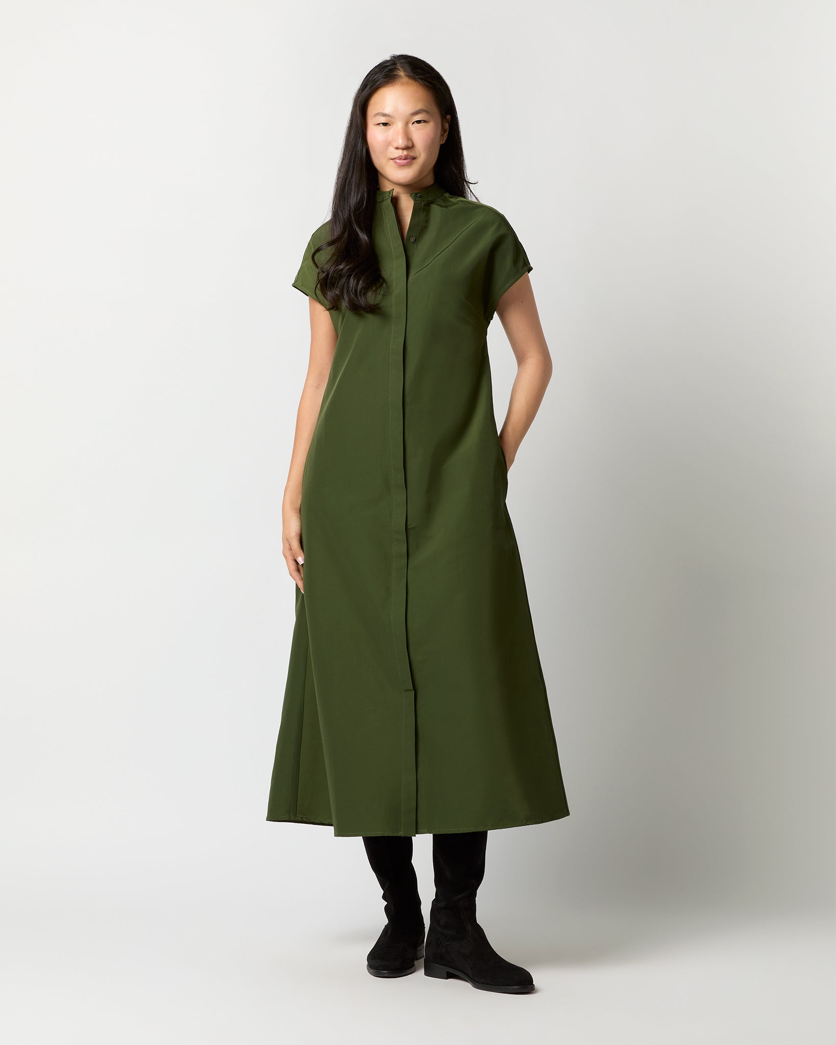 Gianna Maxi Shirtdress in Olive Cotton/Nylon Faille