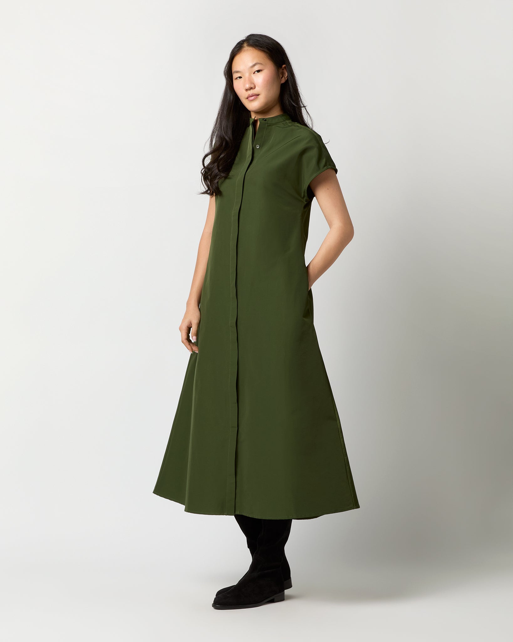 Gianna Maxi Shirtdress in Olive Cotton/Nylon Faille