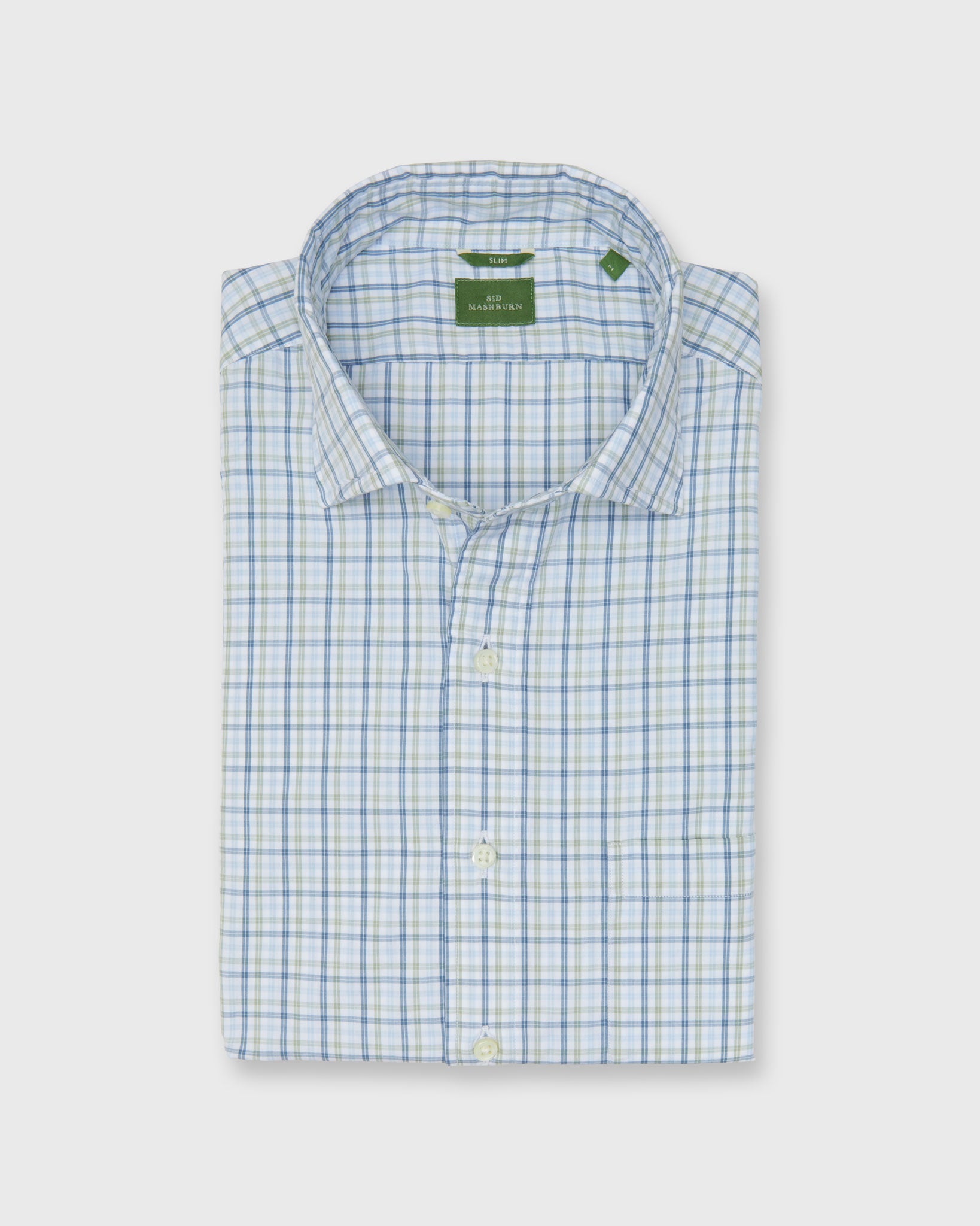 Slim-Fit Spread Collar Sport Shirt in Green/Blue Multi Check Poplin