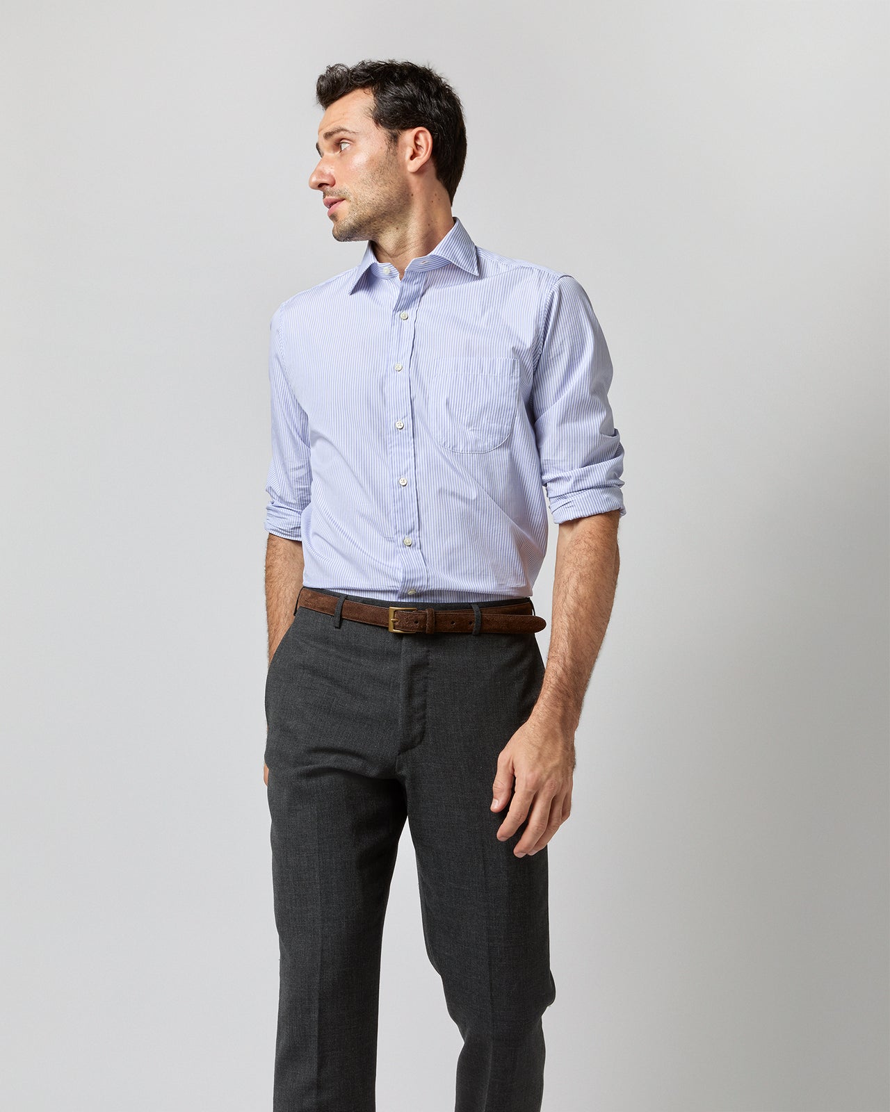 Spread Collar Dress Shirt in Blue Stripe End-On-End | Shop Sid Mashburn Spread Collar Dress Shirt in Blue Stripe End-On-End | Shop Sid Mashburn