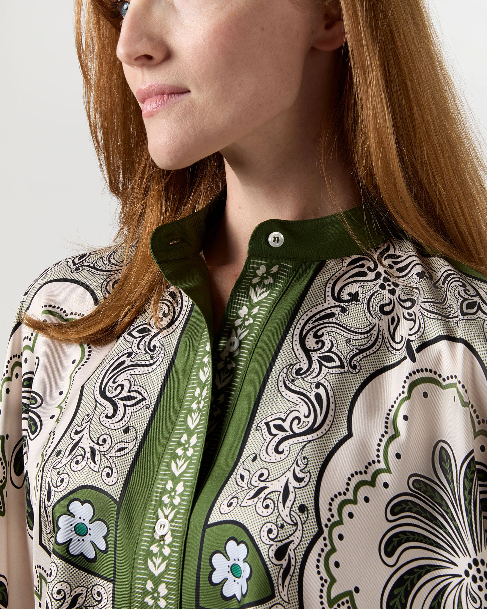 Foulard Shirt in Green Mirage Placée Silk Twill