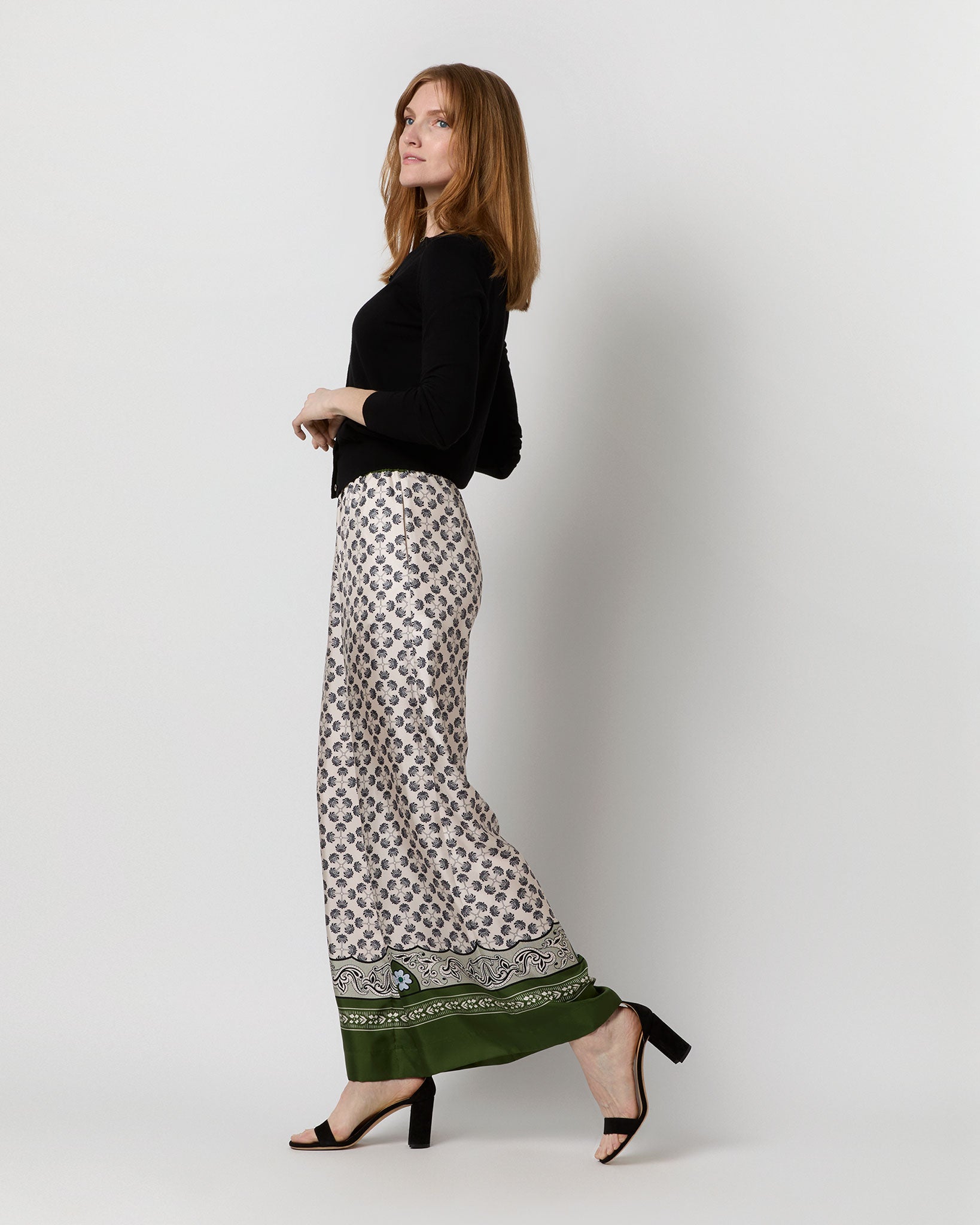 Palazzo Pant in Green Mirage Placée Silk Twill