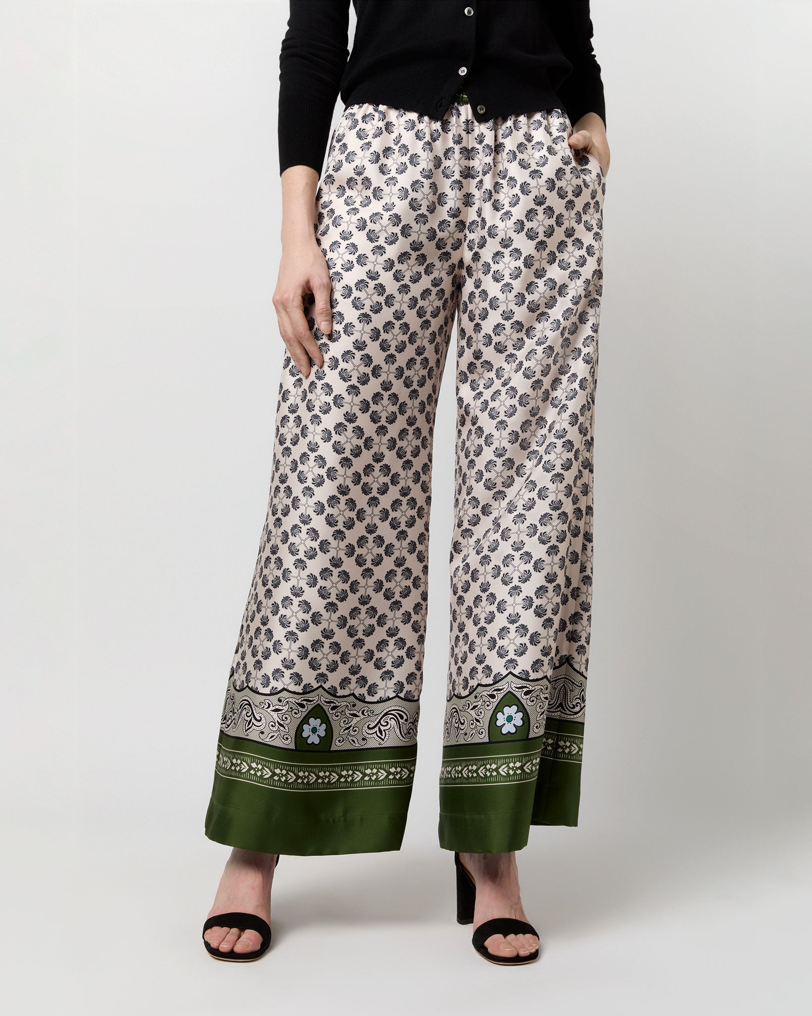 Palazzo Pant in Green Mirage Placée Silk Twill