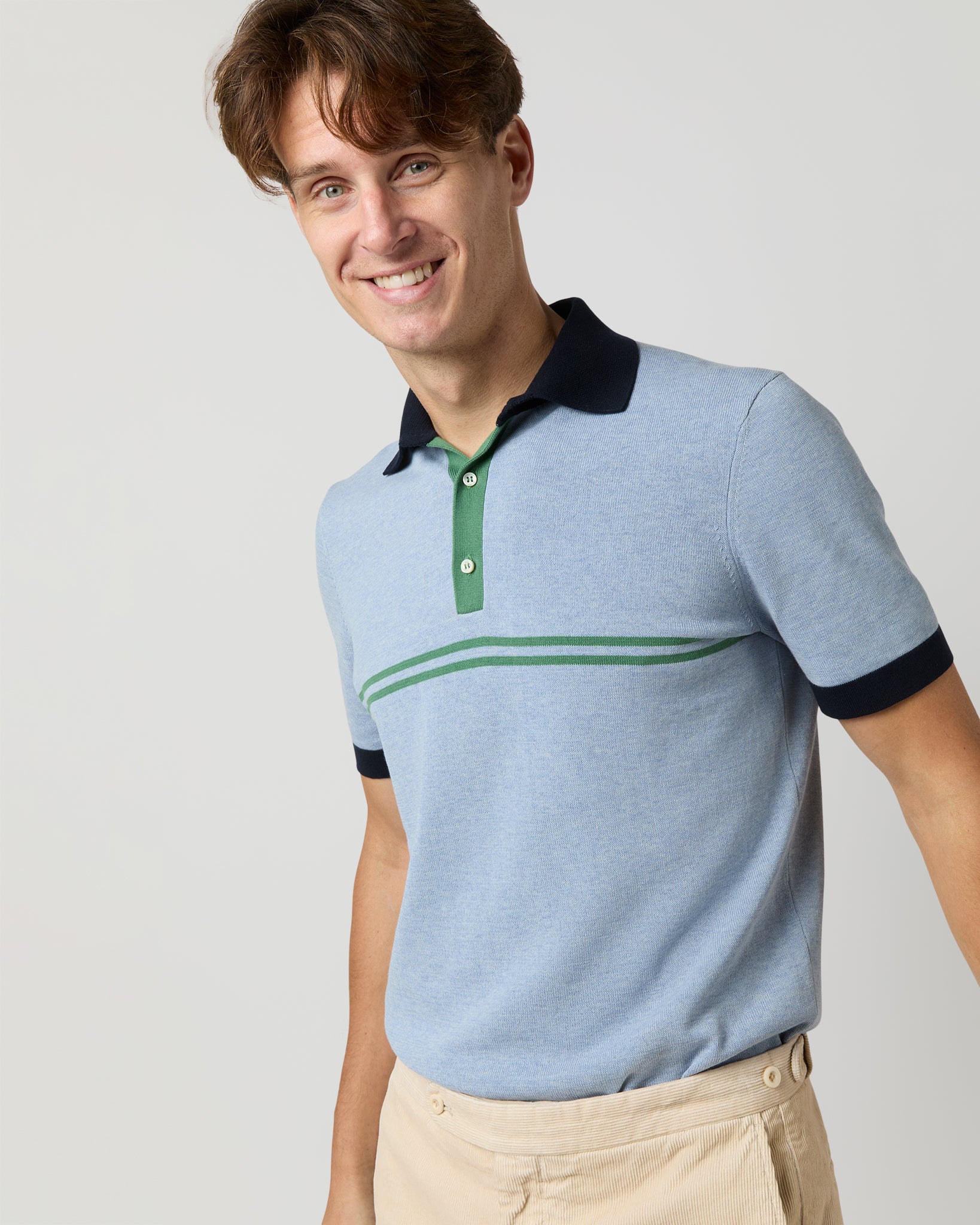 Rally Polo Sweater in Heather Sky/Navy/Ivy Cotton