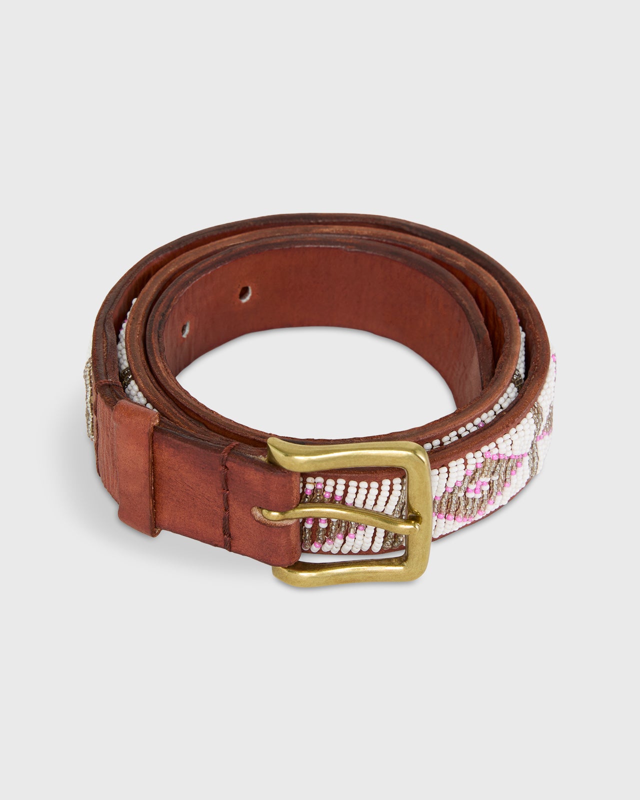 1.25" African Beaded Belt in White/Pink Triangle