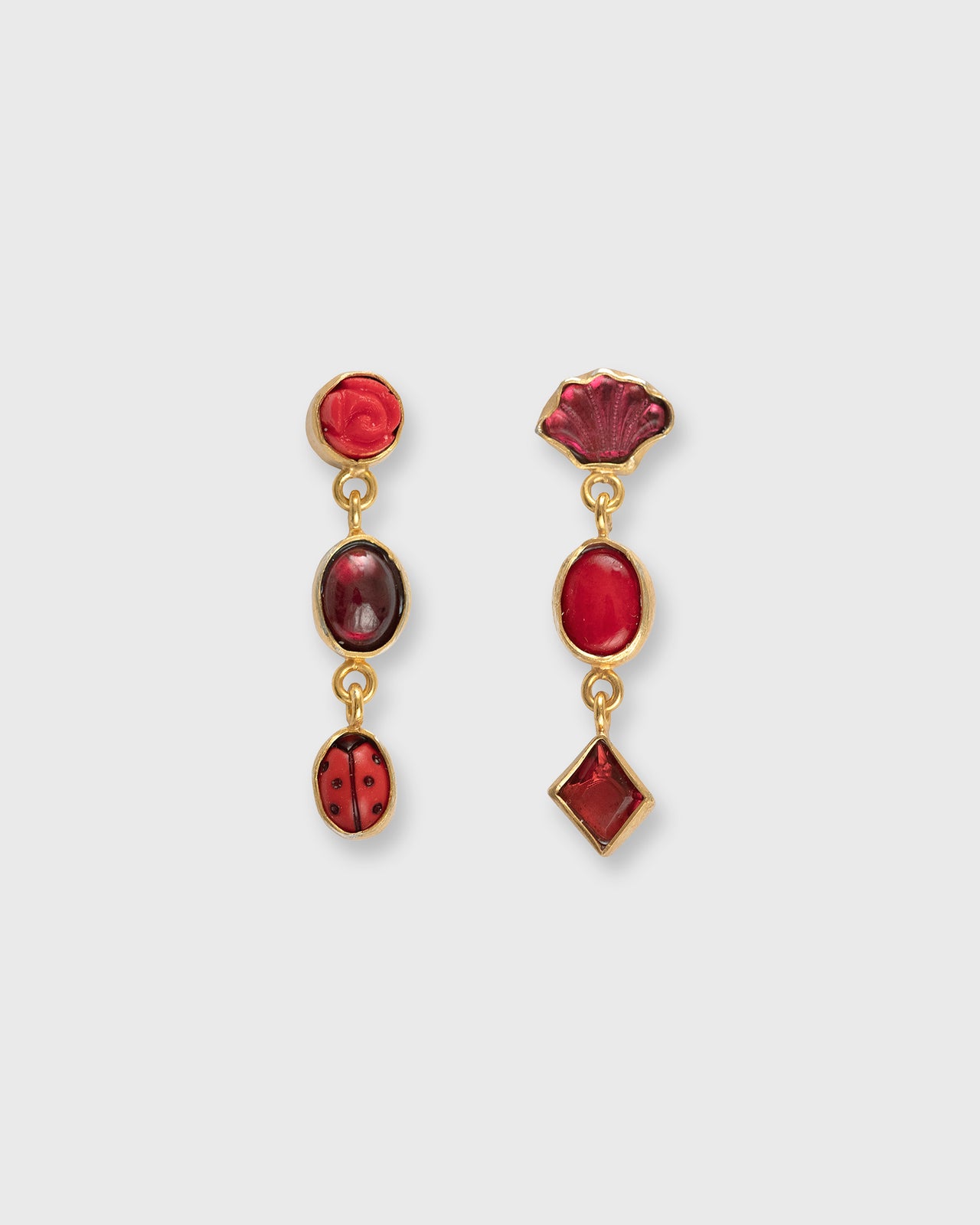 Three Charm Moving Drop Earrings in Red