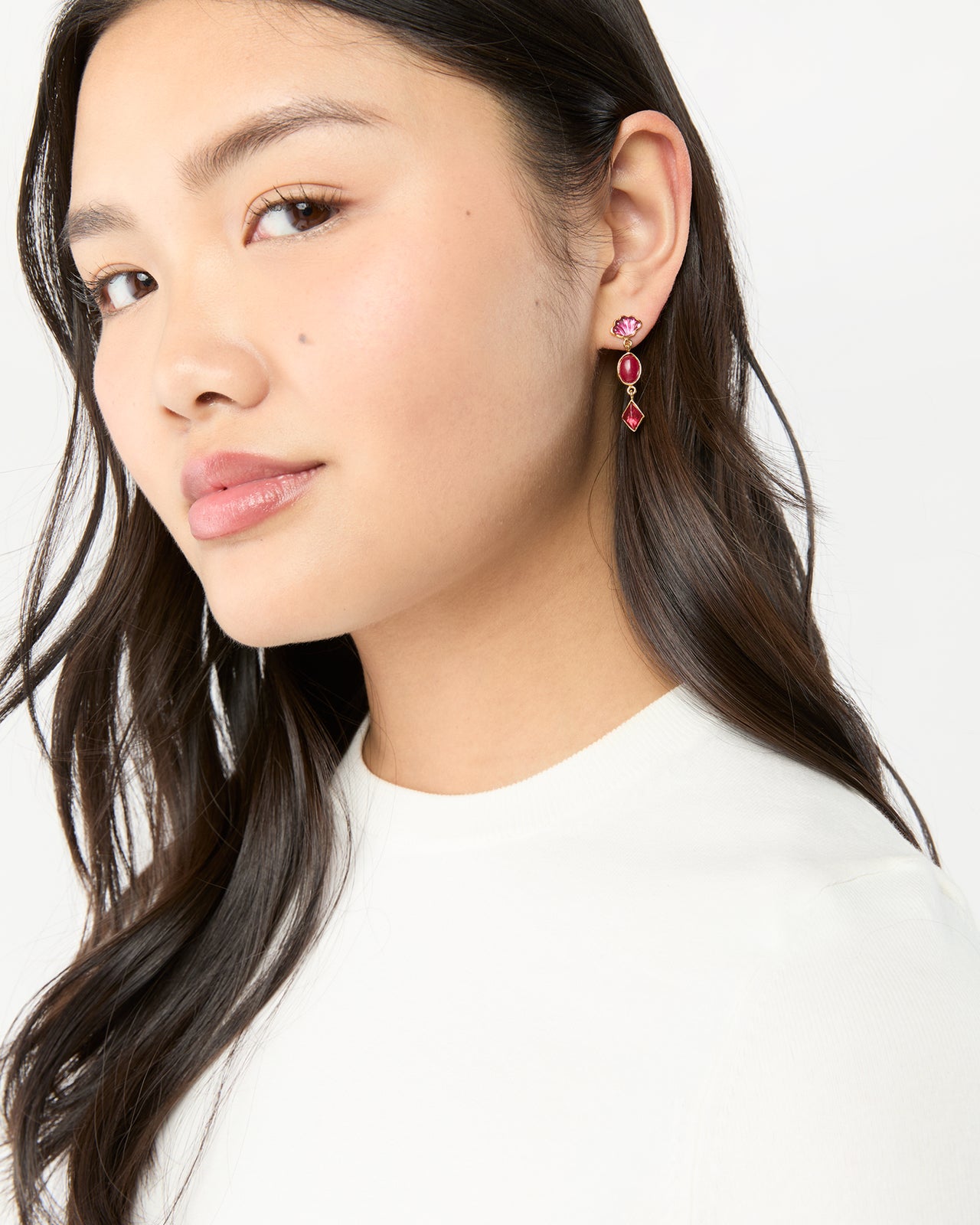 Three Charm Moving Drop Earrings in Red