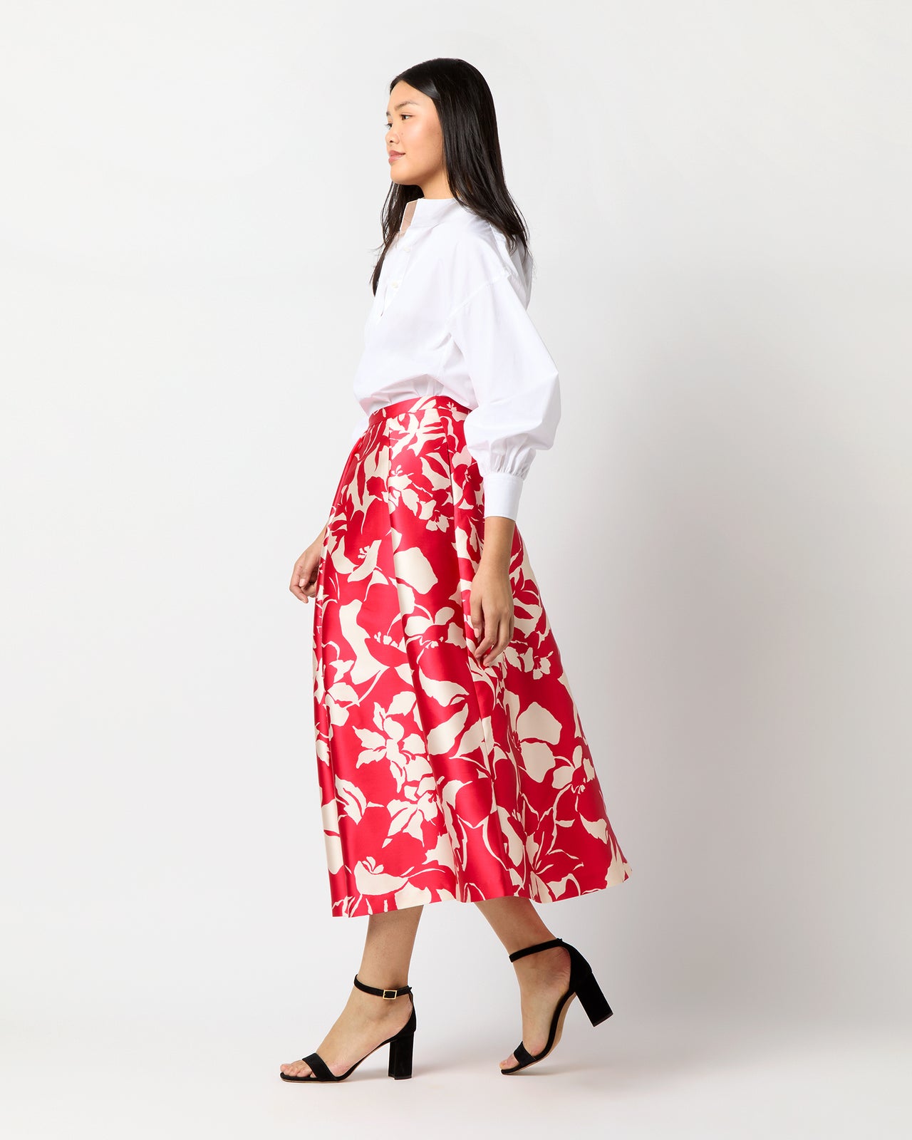 Elana Skirt in Red/Natural Bold Abstract Flower Mikado