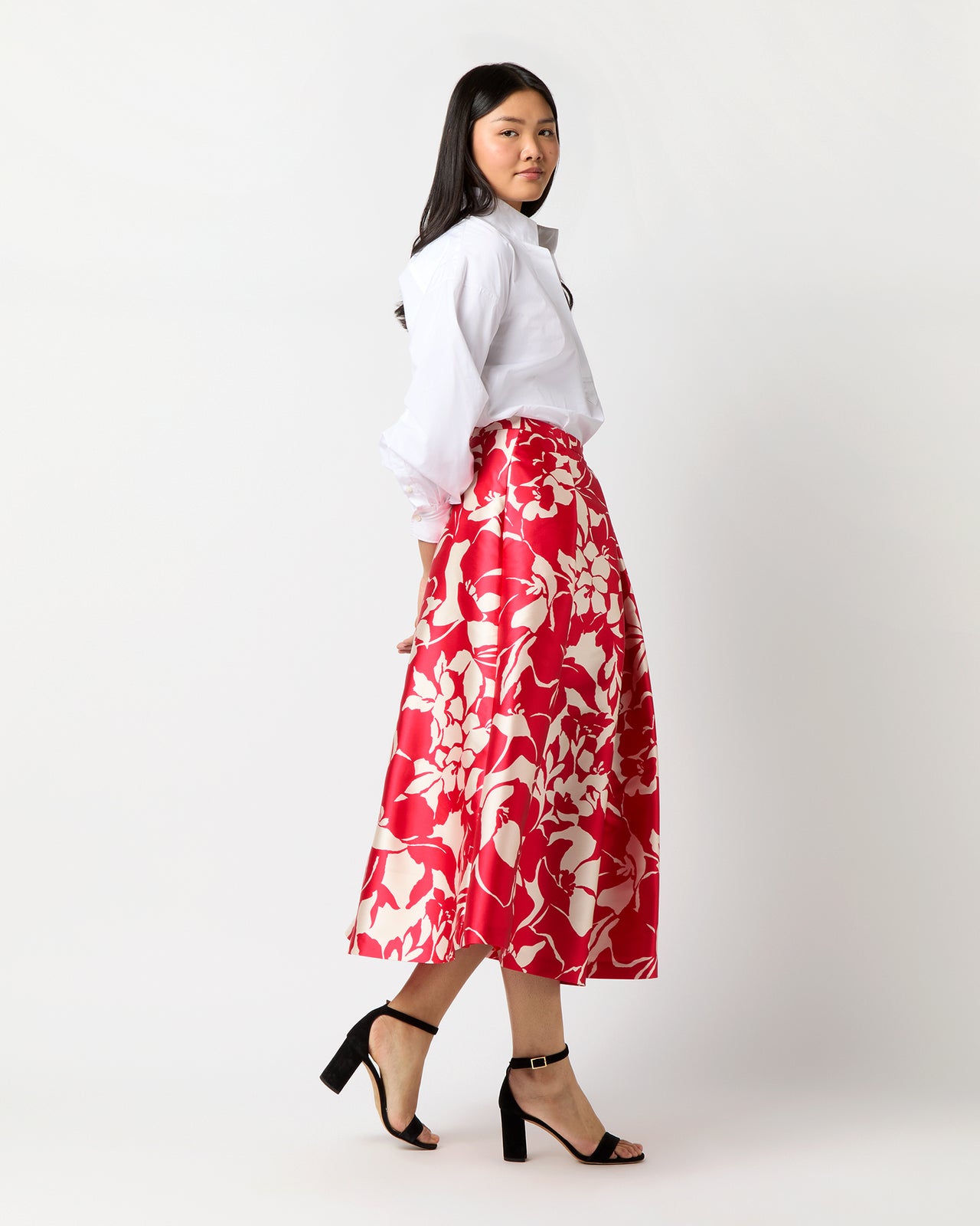 Elana Skirt in Red/Natural Bold Abstract Flower Mikado