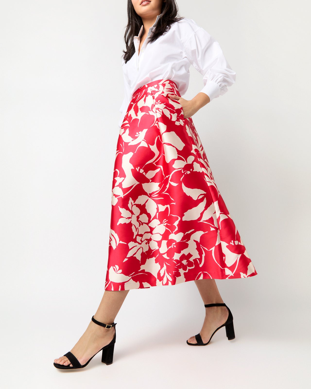 Elana Skirt in Red/Natural Bold Abstract Flower Mikado