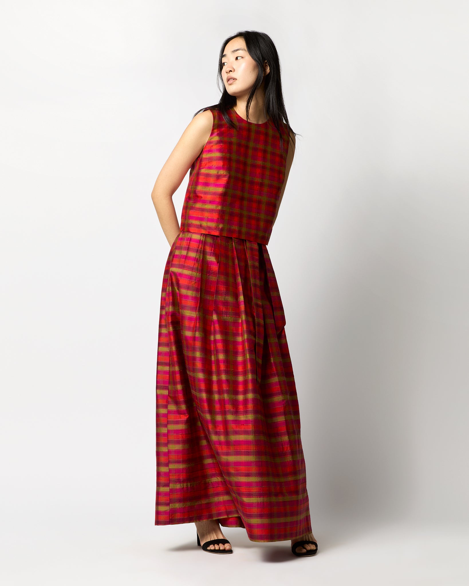 Pleated Wrap Skirt in Winter Madras Silk Shantung