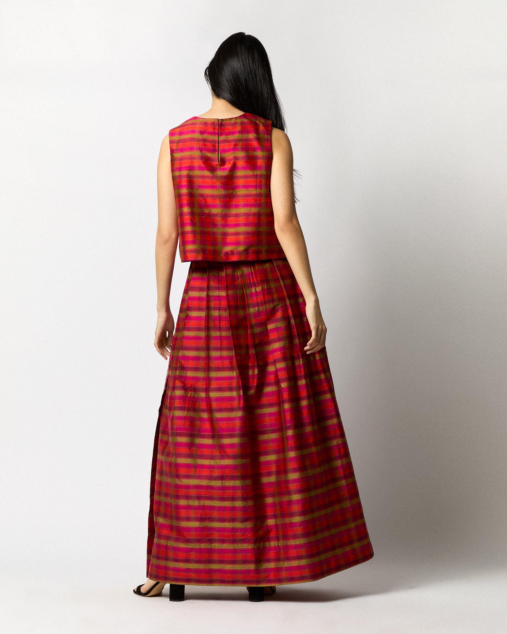 Pleated Wrap Skirt in Winter Madras Silk Shantung