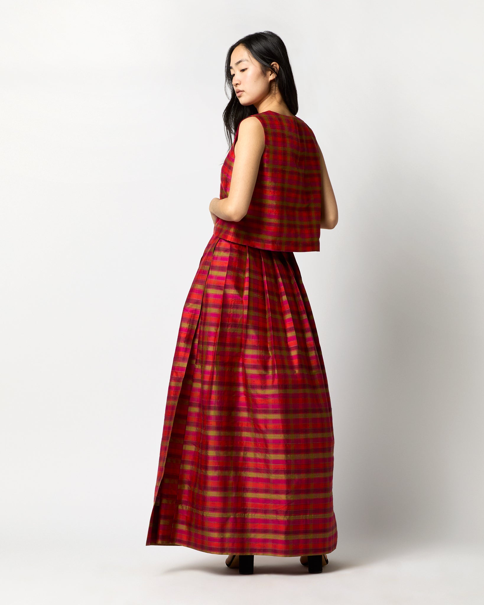 Pleated Wrap Skirt in Winter Madras Silk Shantung