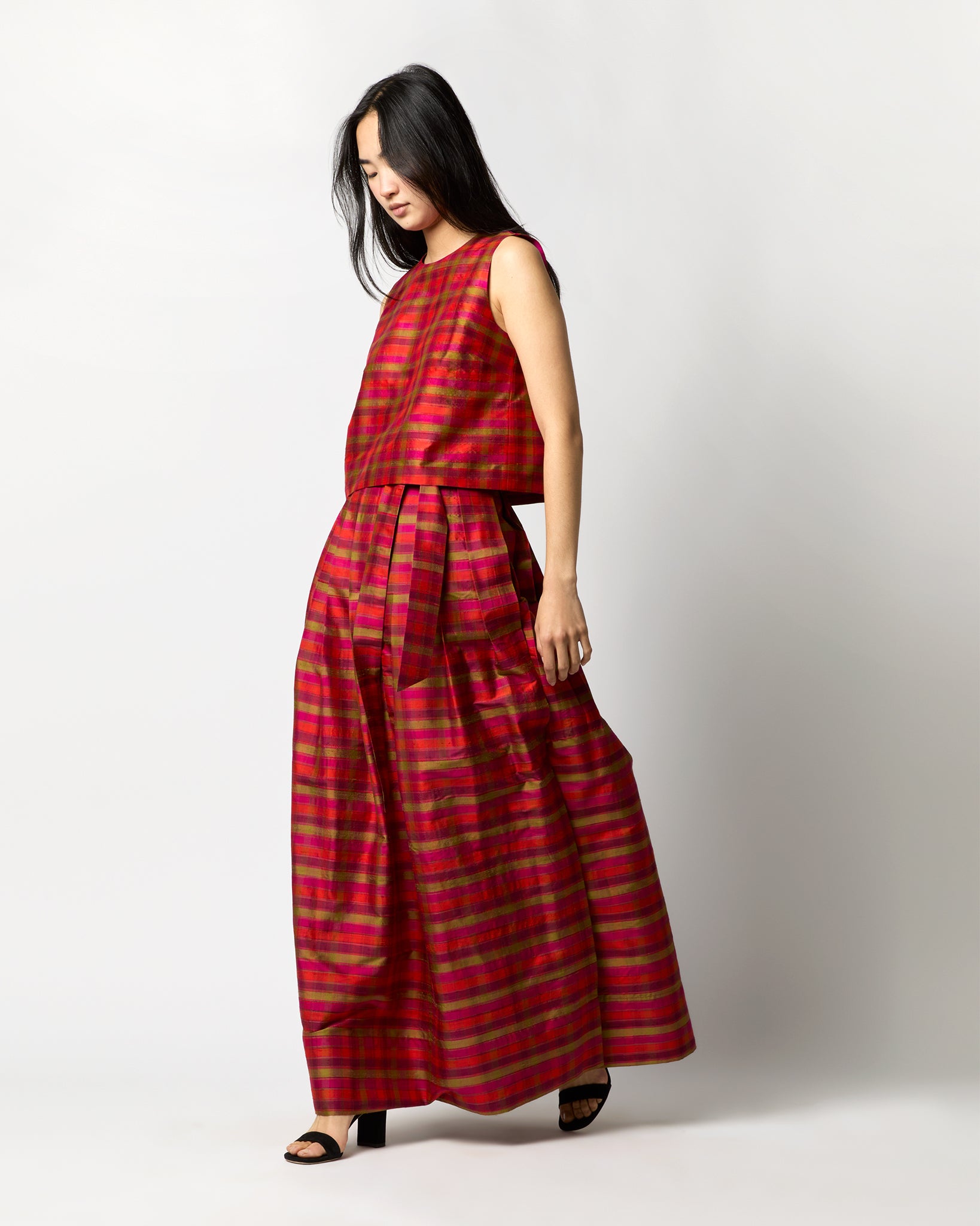 Pleated Wrap Skirt in Winter Madras Silk Shantung