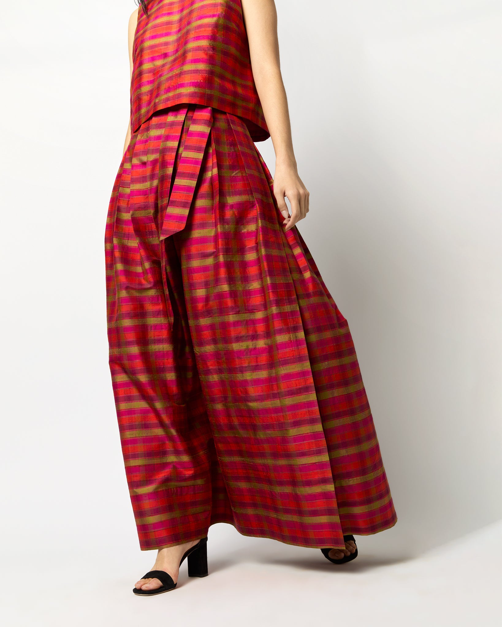 Pleated Wrap Skirt in Winter Madras Silk Shantung