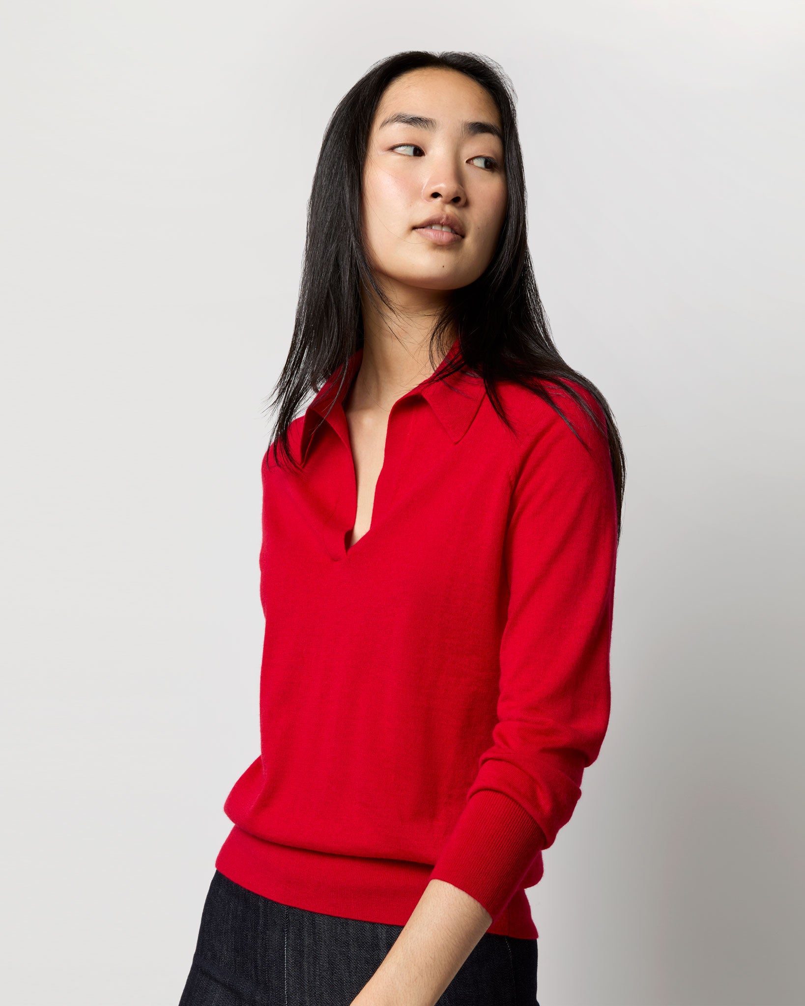 Alida Johnny-Collar Sweater in Red Cashmere