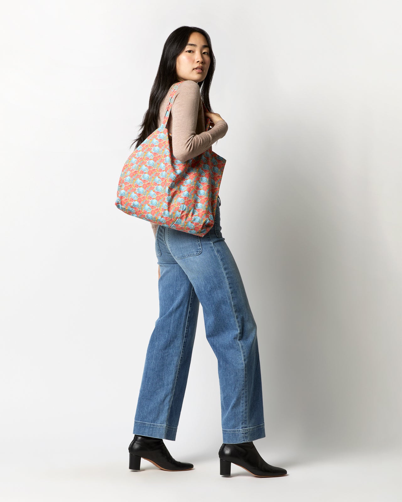 Reusable Tote Bag in Blue/Orange Clementina Liberty Fabric