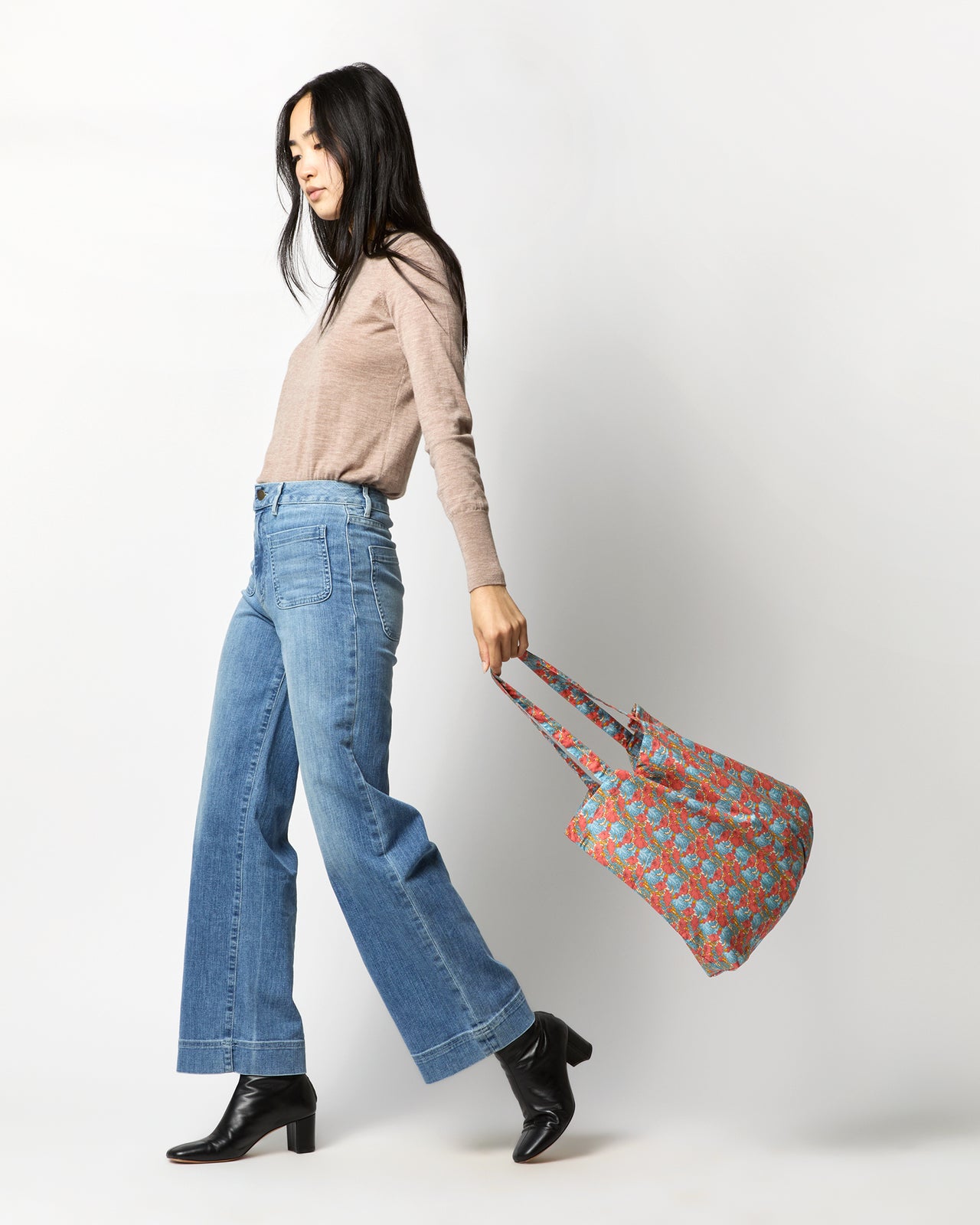 Reusable Tote Bag in Blue/Orange Clementina Liberty Fabric