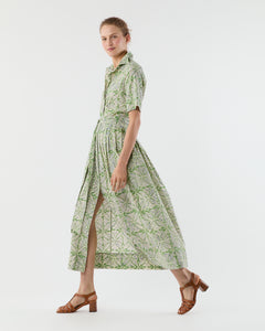 Short-Sleeved Classic Shirtwaist Maxi Dress in Green/Blue Block Print