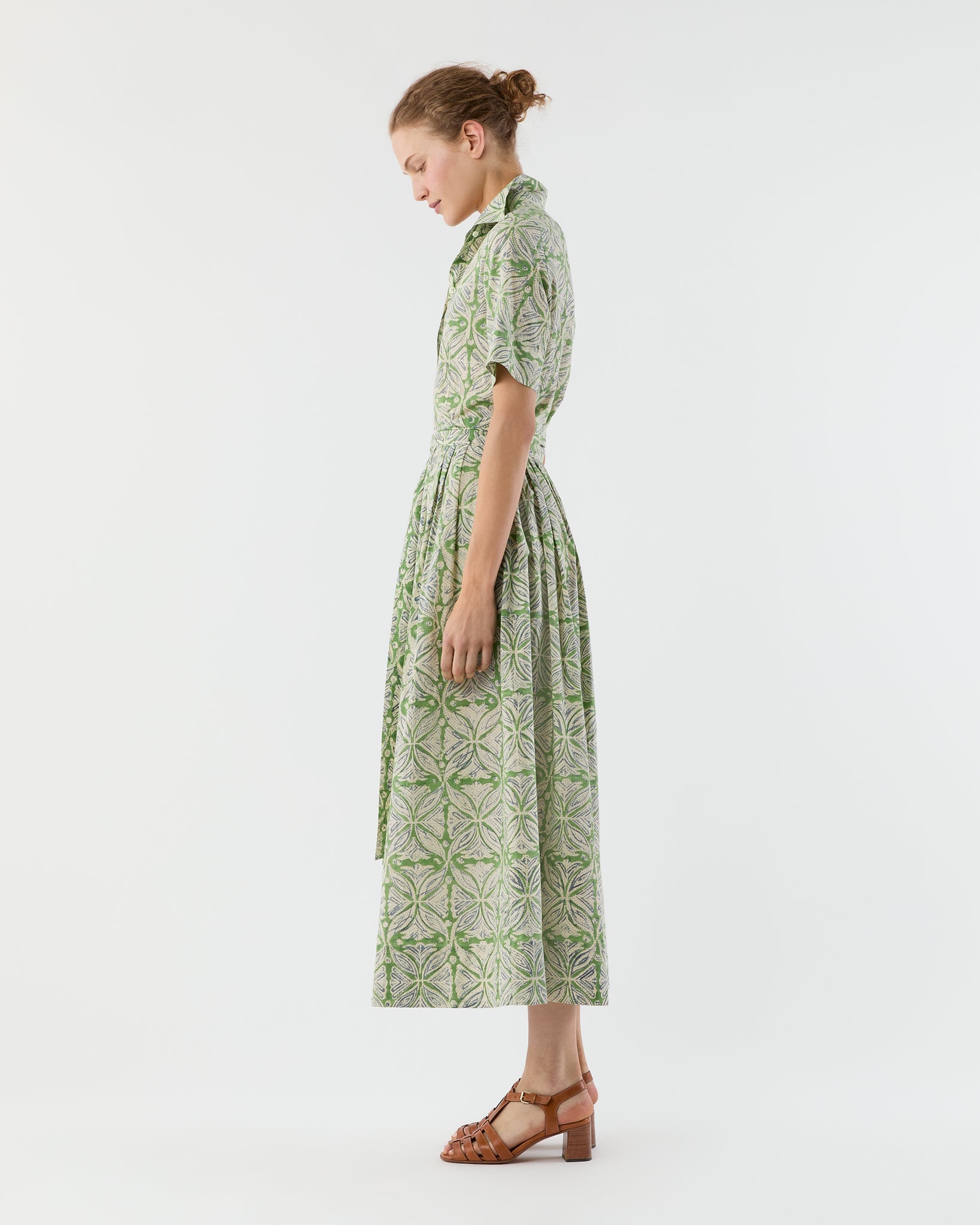 Short-Sleeved Classic Shirtwaist Maxi Dress in Green/Blue Block Print