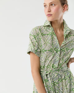 Short-Sleeved Classic Shirtwaist Maxi Dress in Green/Blue Block Print