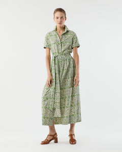 Short-Sleeved Classic Shirtwaist Maxi Dress in Green/Blue Block Print