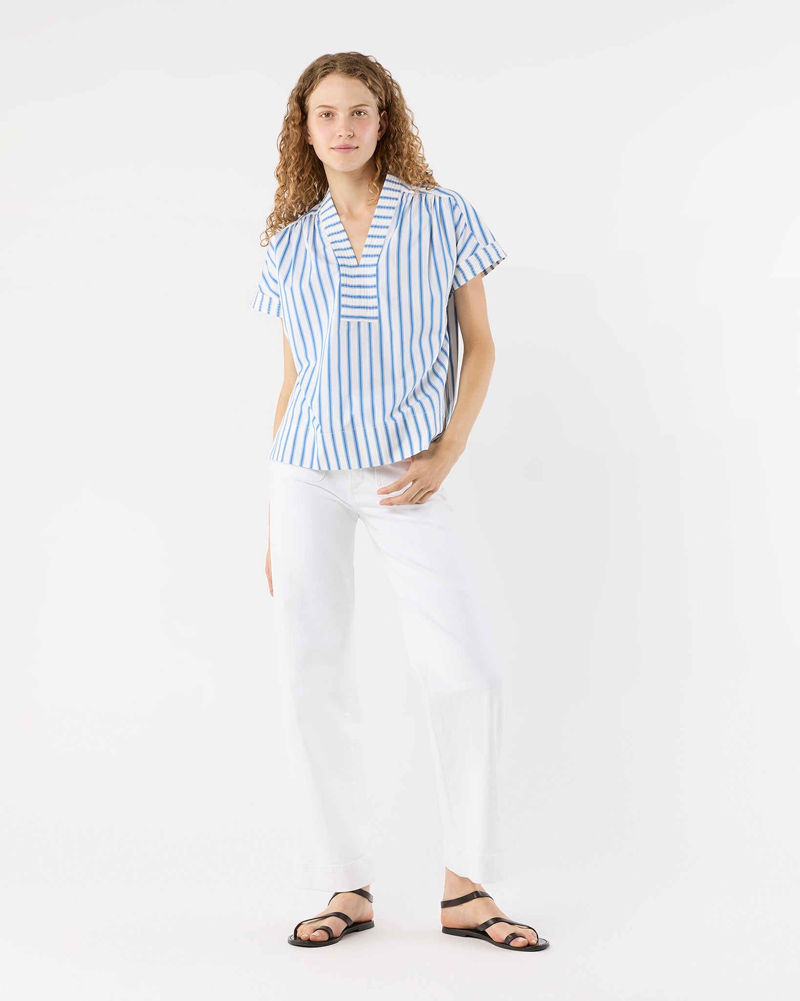 Libby Top in Ivory/Blue Stripe Poplin