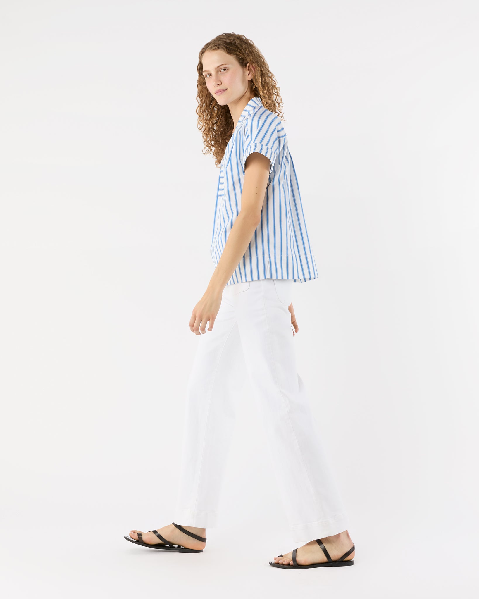 Libby Top in Ivory/Blue Stripe Poplin