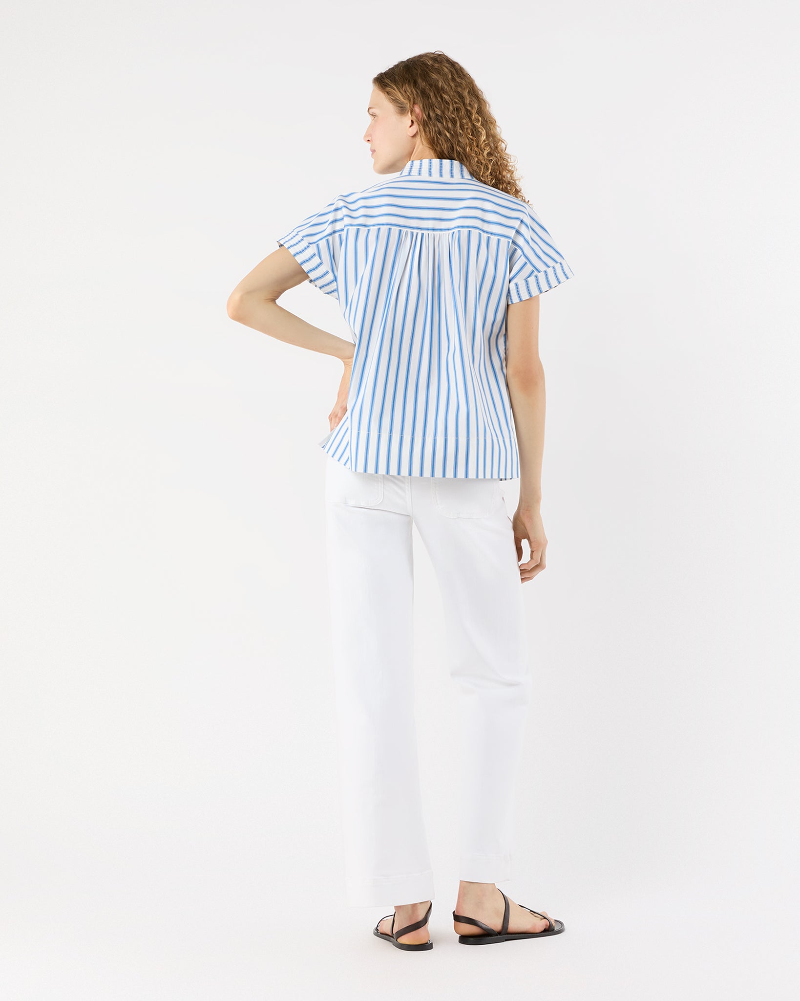 Libby Top in Ivory/Blue Stripe Poplin