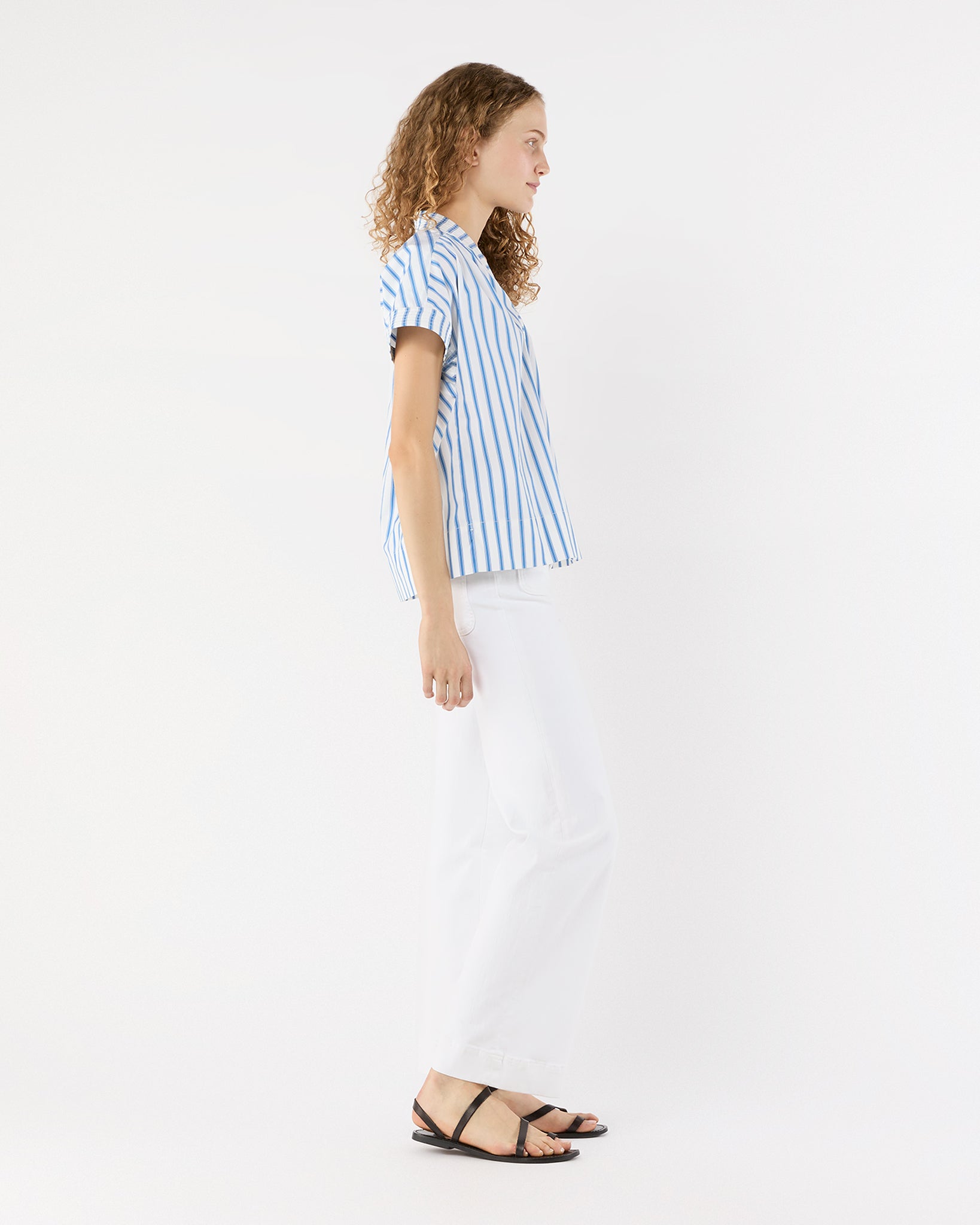 Libby Top in Ivory/Blue Stripe Poplin