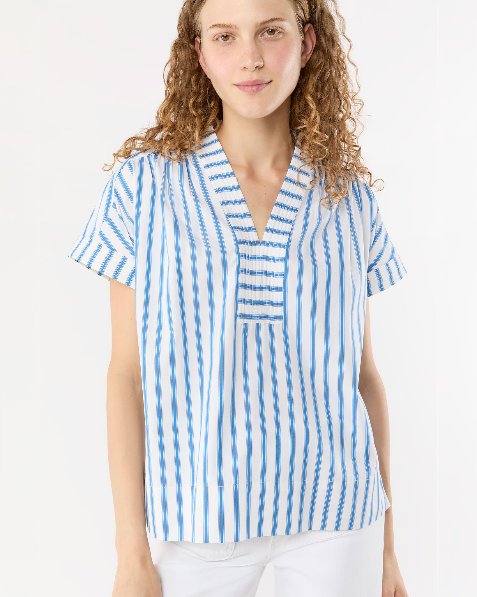 Libby Top in Ivory/Blue Stripe Poplin