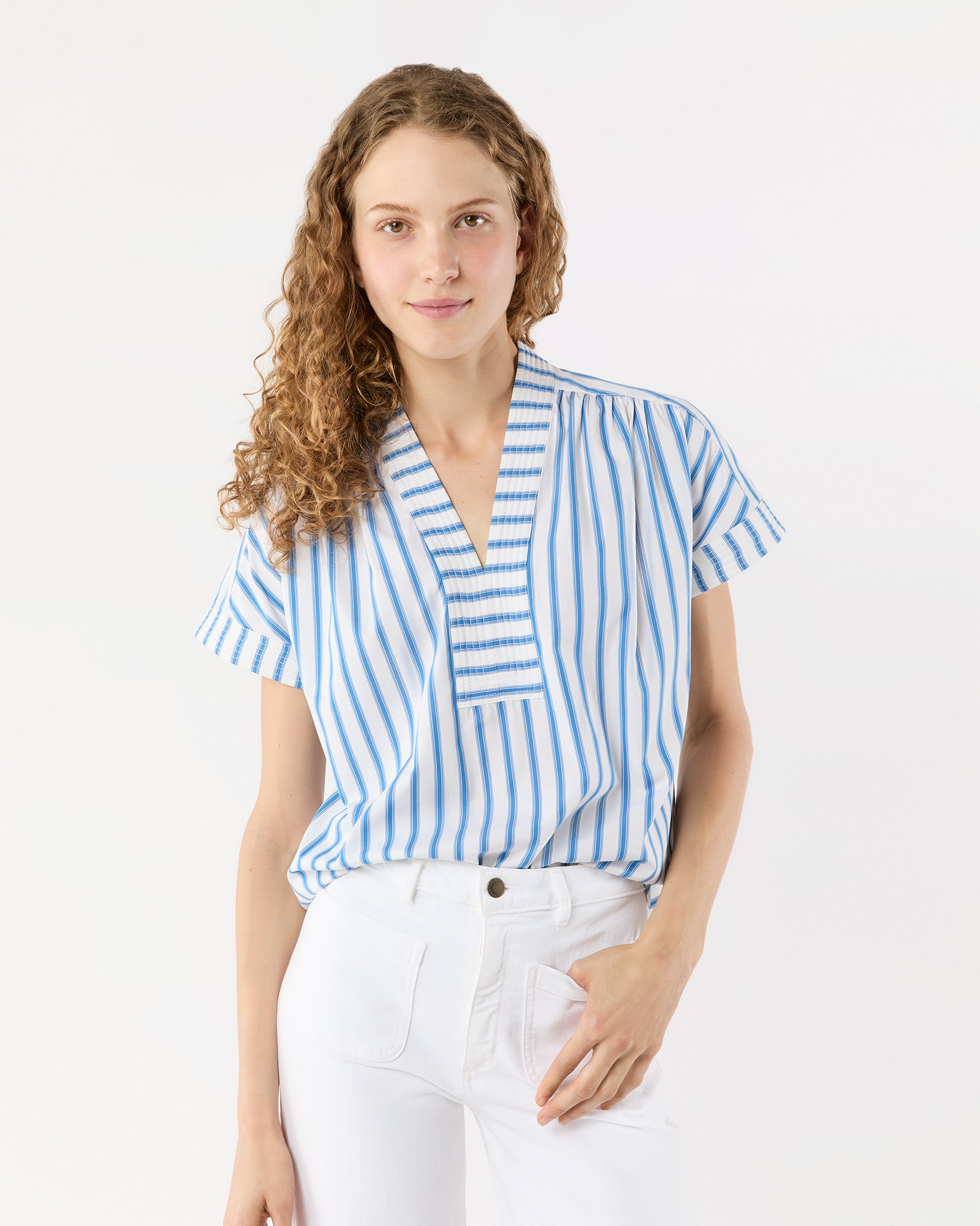 Libby Top in Ivory/Blue Stripe Poplin