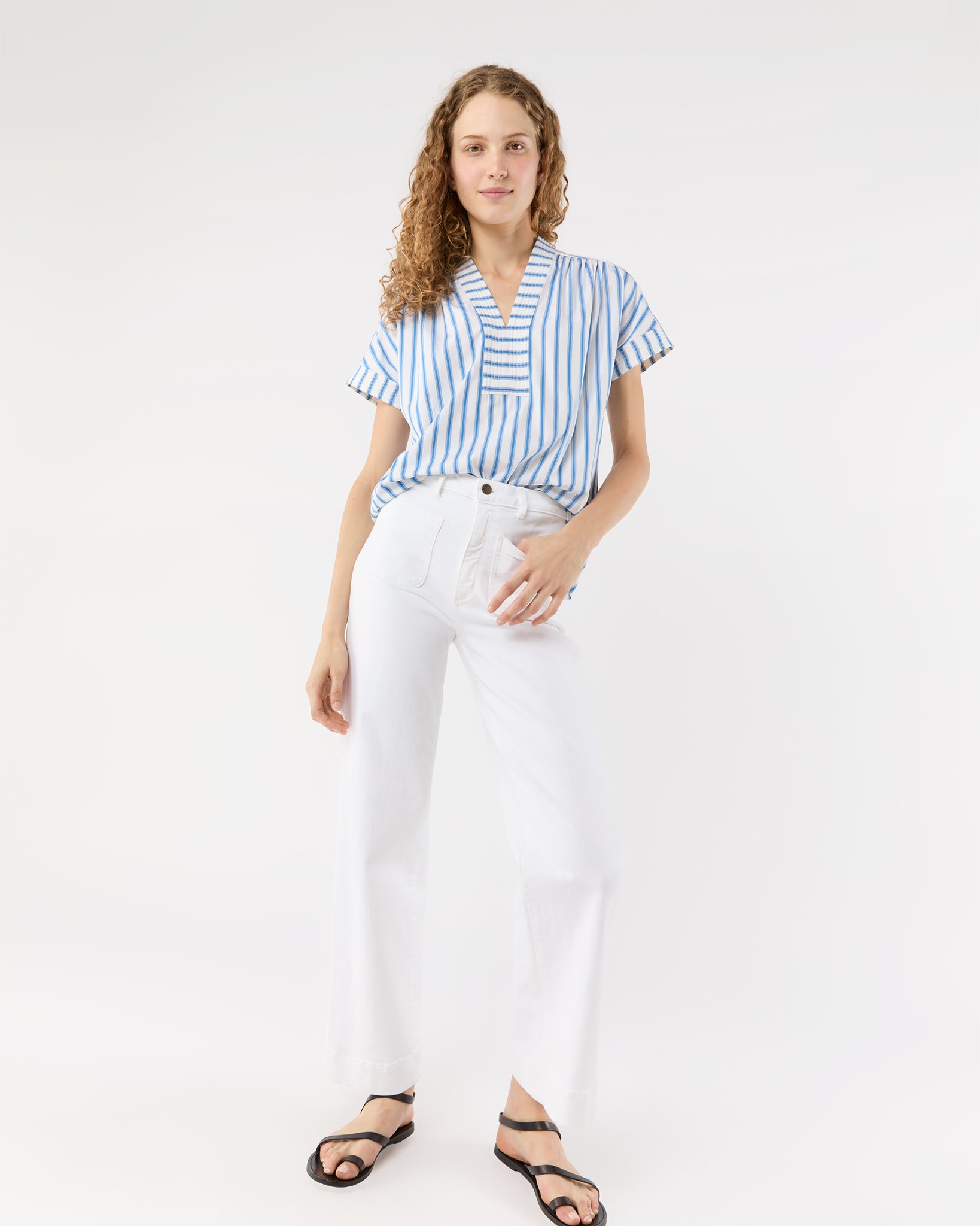 Libby Top in Ivory/Blue Stripe Poplin
