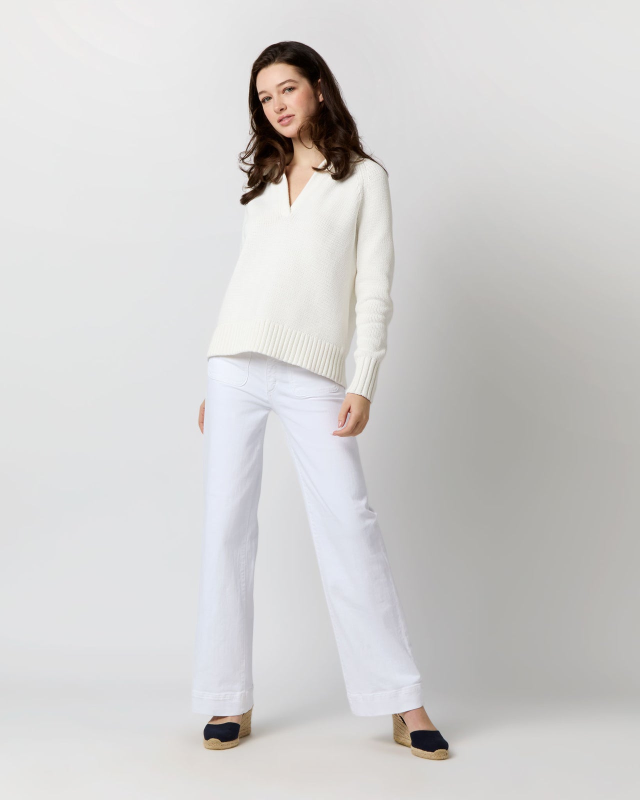 Catherine Johnny-Collar Sweater in Chalk Cotton
