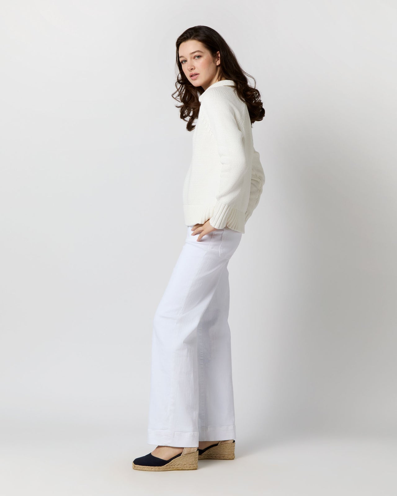 Catherine Johnny-Collar Sweater in Chalk Cotton