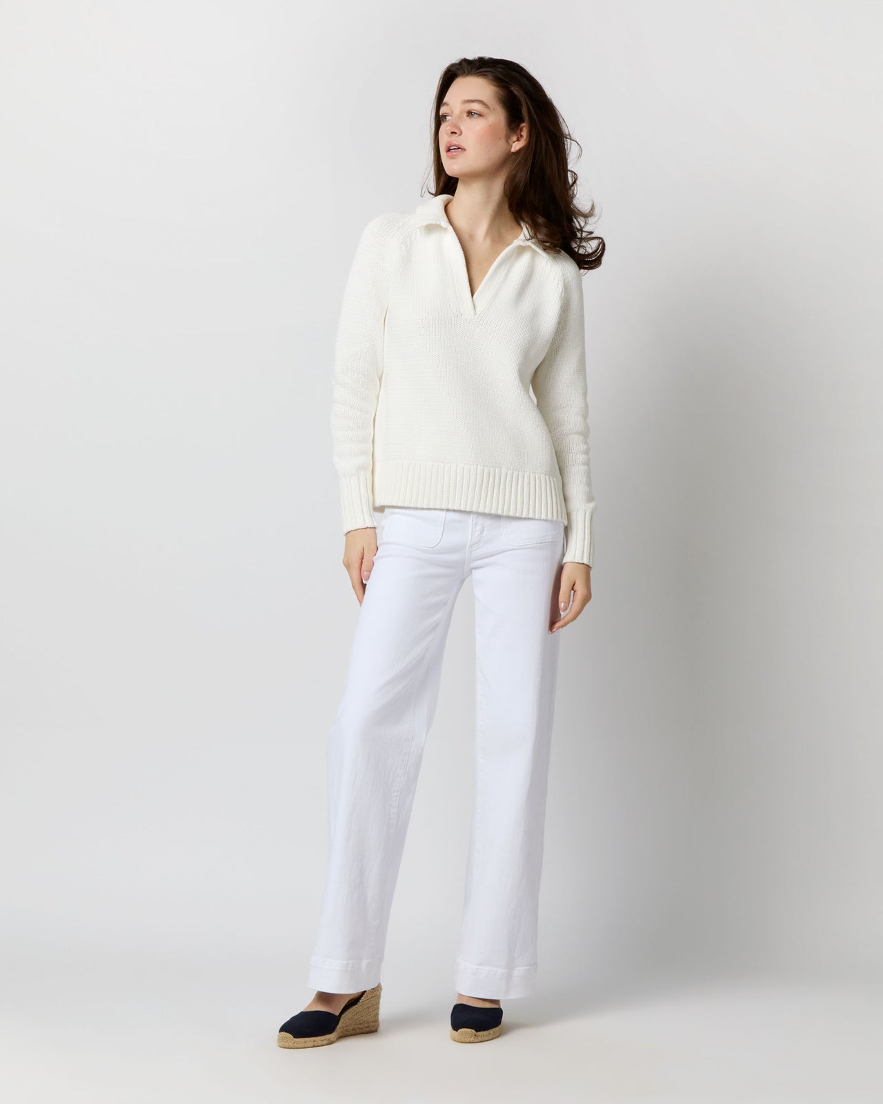Catherine Johnny-Collar Sweater in Chalk Cotton