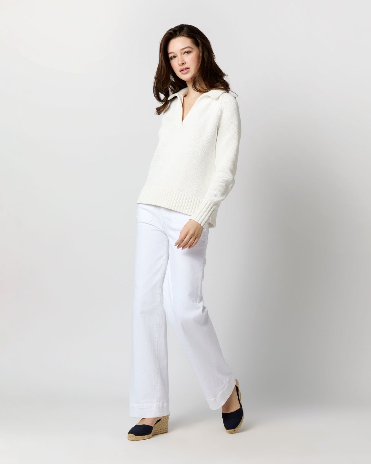 Catherine Johnny-Collar Sweater in Chalk Cotton