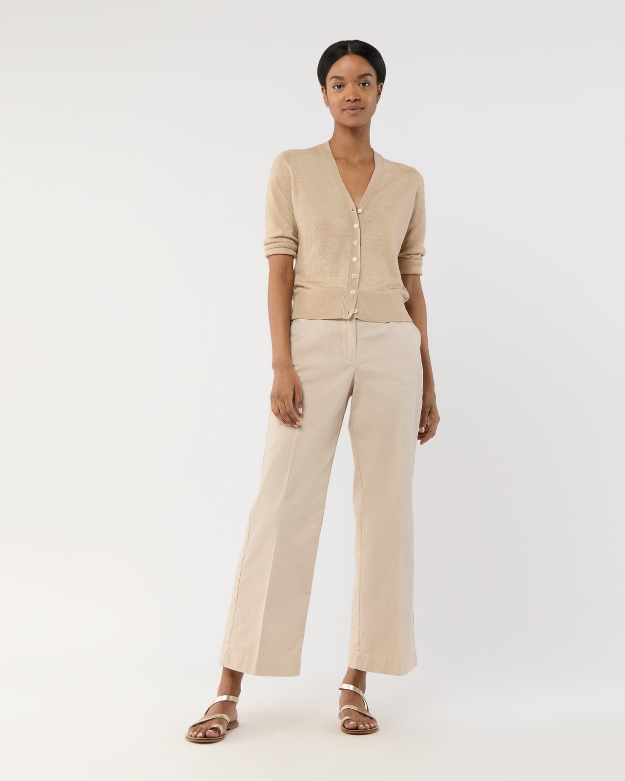 Short-Sleeved Rosie V-Neck Cardigan in Khaki Linen