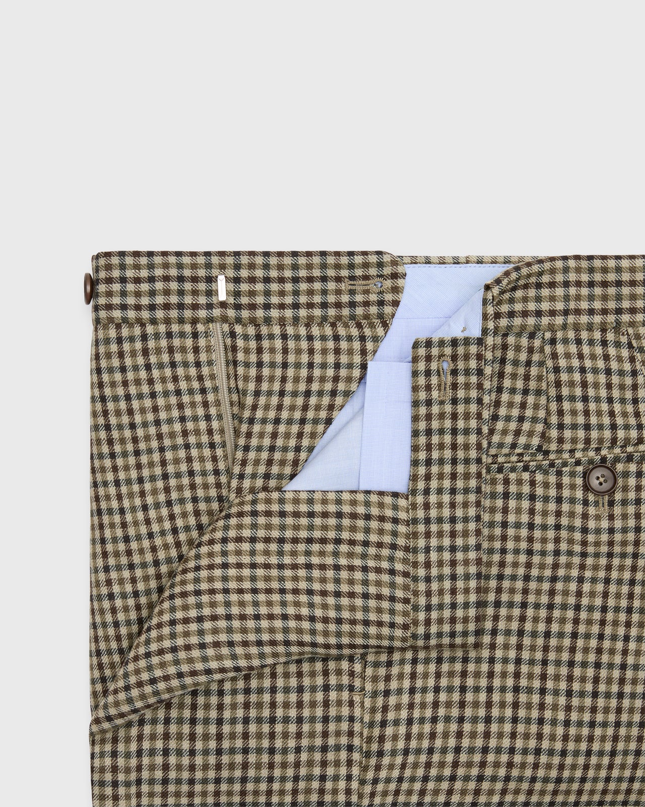 Pleated Dress Trouser in Olive/Brown Check Linen Twill