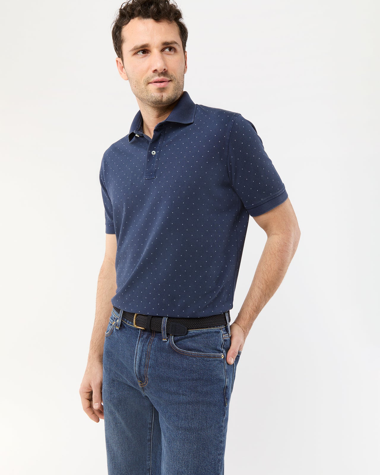 Court Polo in Indigo/White Dot Print Pima Pique